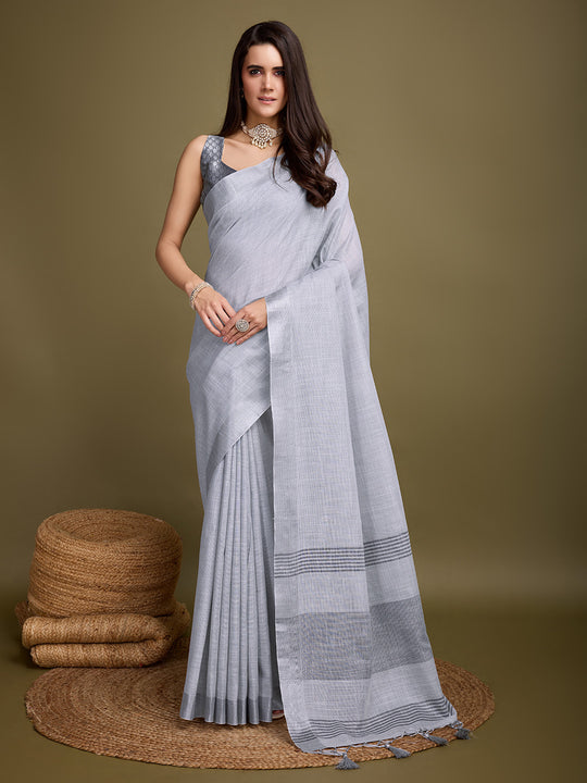 Grey Linen Blend Daily Wear Saree With Blouse Piece Grey Linen Blend Daily Wear Saree With Blouse Piece