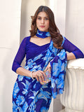 Blue Georgette Saree With Blouse Piece Blue Georgette Saree With Blouse Piece