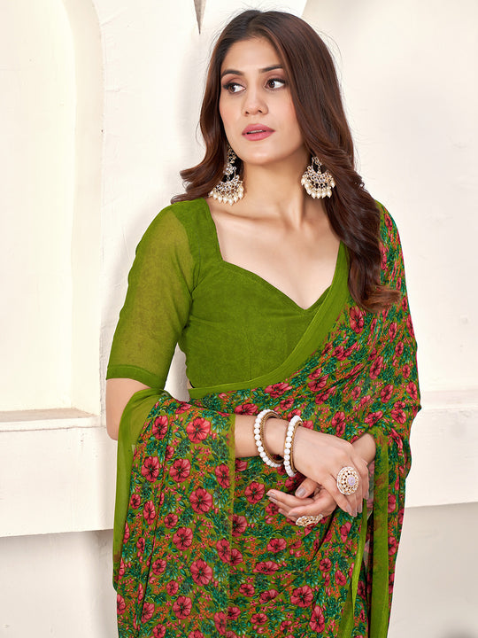 Green Georgette Saree With Blouse Piece Green Georgette Saree With Blouse Piece