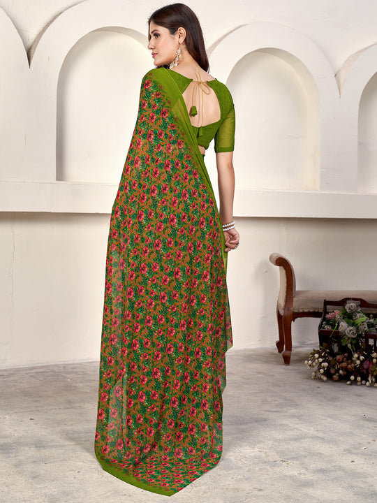 Green Georgette Saree With Blouse Piece Green Georgette Saree With Blouse Piece