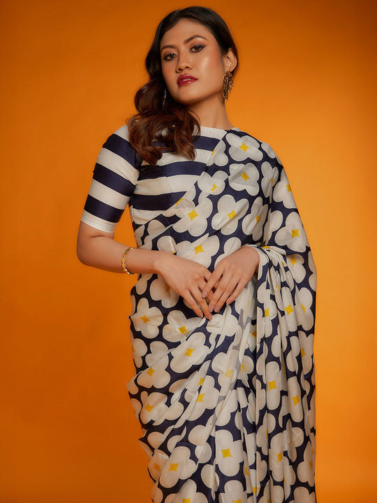 White Satin Georgette Saree With Blouse Piece White Satin Georgette Saree With Blouse Piece