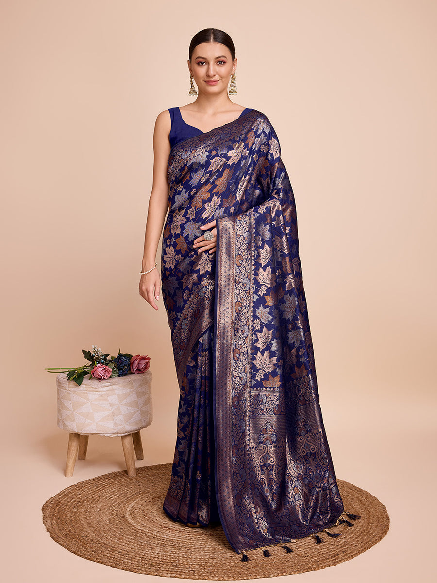 Women's Bhagalpuri Silk Navy Blue Printed Designer Saree With Blouse Piece