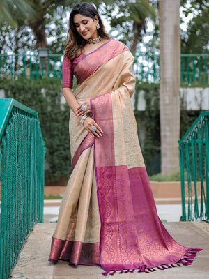 Cream Kanjivaram Silk Saree With Blouse Piece