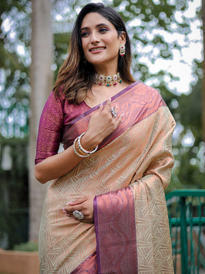 Cream Kanjivaram Silk Saree With Blouse Piece