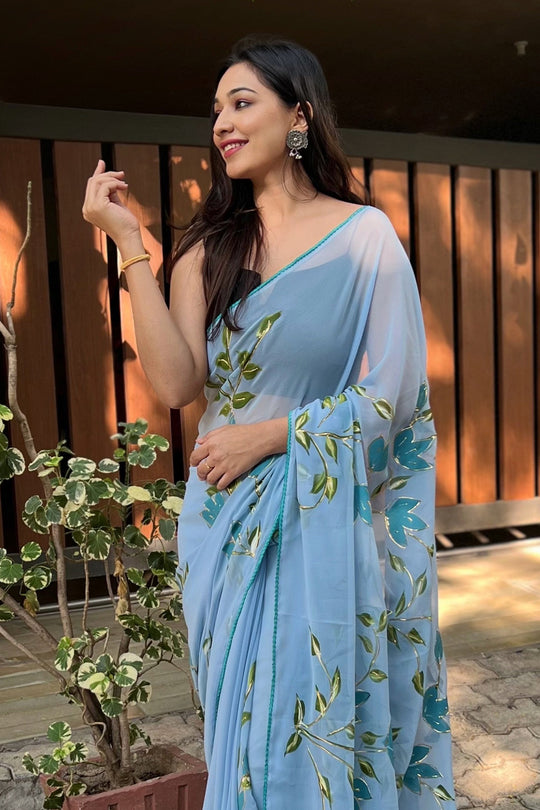 Blue Georgette Saree with Black Blouse Piece Blue Georgette Saree with Black Blouse Piece
