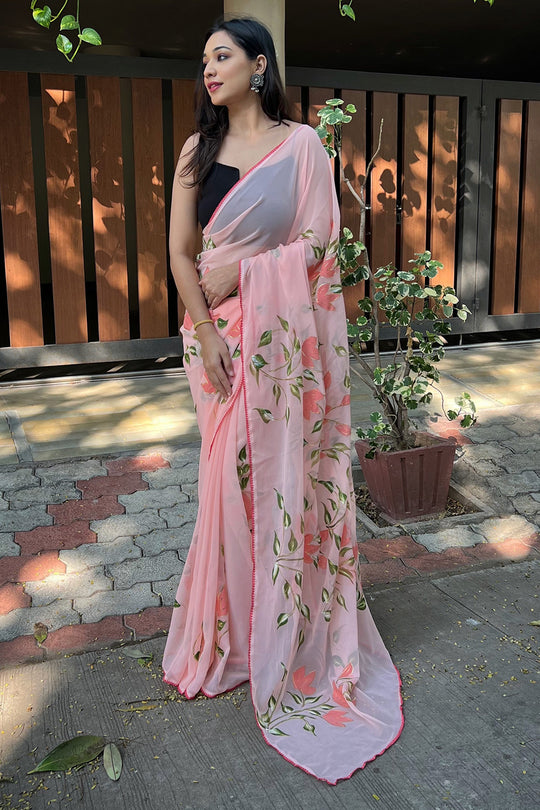 Peach Georgette Saree with Black Blouse Piece Peach Georgette Saree with Black Blouse Piece