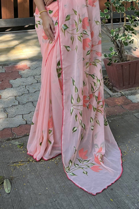 Peach Georgette Saree with Black Blouse Piece Peach Georgette Saree with Black Blouse Piece
