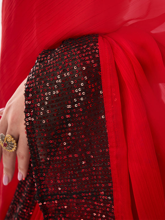 Red Georgette Party Ready To Wear Saree With Blouse Piece Red Georgette Party Ready To Wear Saree With Blouse Piece