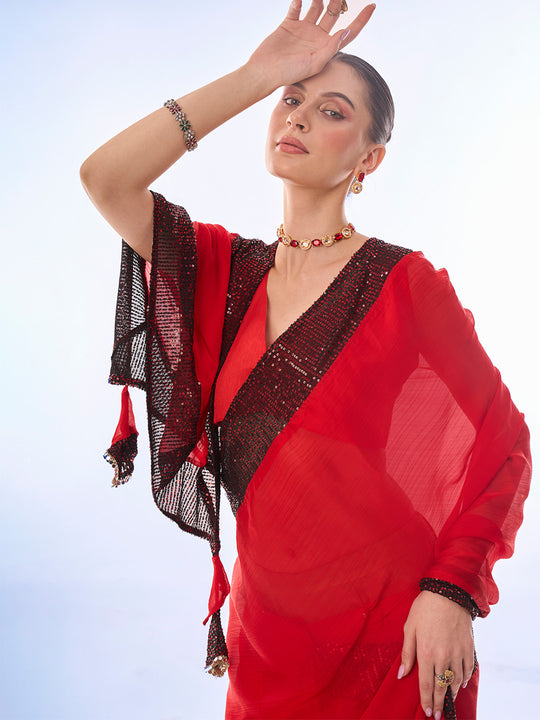 Red Georgette Party Ready To Wear Saree With Blouse Piece Red Georgette Party Ready To Wear Saree With Blouse Piece