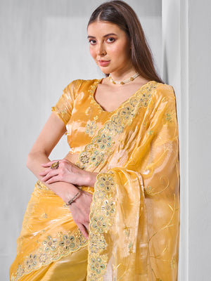 Embroidered Embellished Chiffon Saree With Blouse Piece