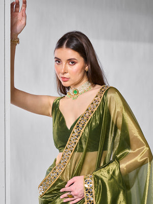 Mirror Work Lace Organza Saree With Blouse Piece