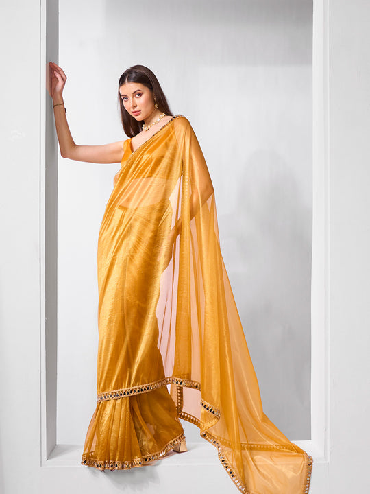 Mirror Work Lace Organza Saree With Blouse Piece Mirror Work Lace Organza Saree With Blouse Piece