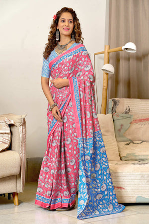 Baby Pink Ure Mulmul Cotton Ajrakh Hand Block Print Sarees Saree With Blouse Piece