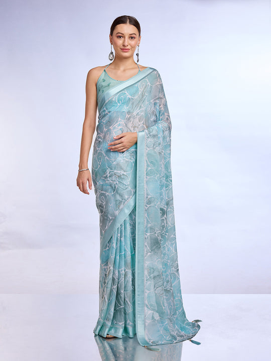 Blue Georgette Saree With Blouse Piece Blue Georgette Saree With Blouse Piece