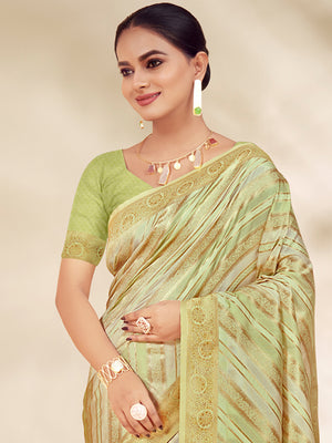 Light Green Cotton Thread Work Saree With Blouse Piece