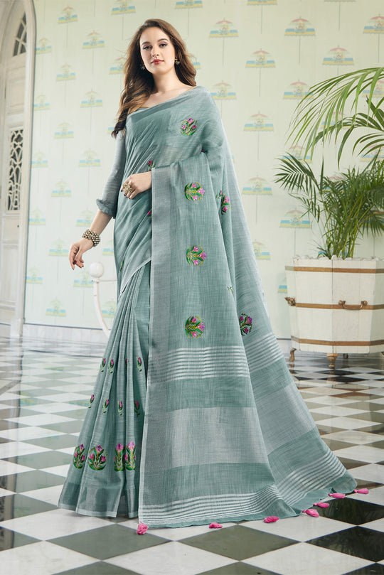 Grey Linen Blend Cotton Saree With Blouse Piece Grey Linen Blend Cotton Saree With Blouse Piece
