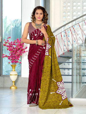 Red Hand Block Print Mulmul Cotton Saree With Blouse Piece