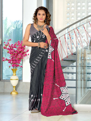 Black Hand Block Print Mulmul Cotton Saree With Blouse Piece