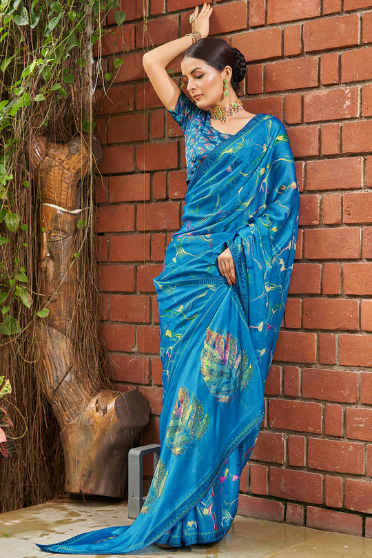 Cyan Blue Satin Saree Cyan Blue Satin Saree