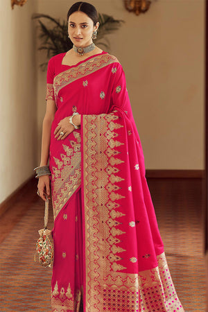 Womens Banarasi Silk Pink Saree With Blouse Piece