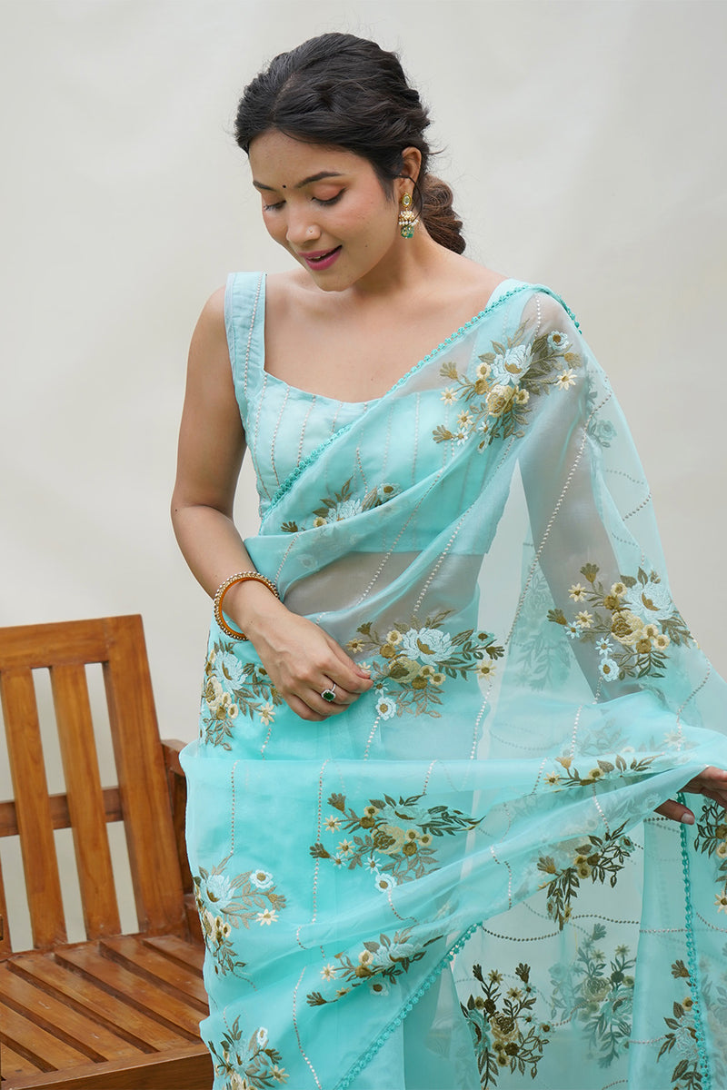 Chic Sky Blue Organza Saree with Ornate Border Pure Tissue with Moti, Sequin & Cutdana Hand Embroidery