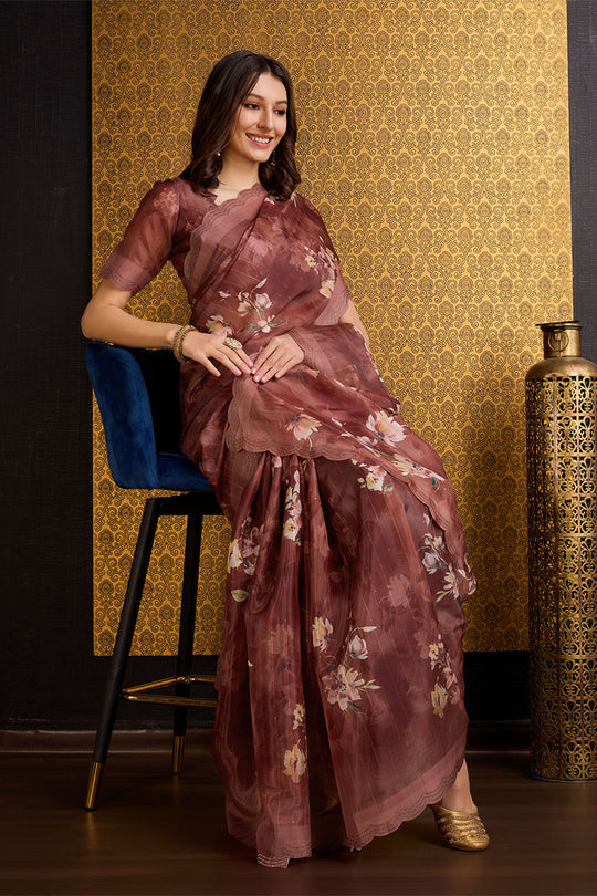 Rust Organza Saree With Blouse Piece Rust Organza Saree With Blouse Piece