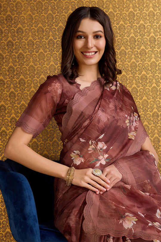 Rust Organza Saree With Blouse Piece Rust Organza Saree With Blouse Piece