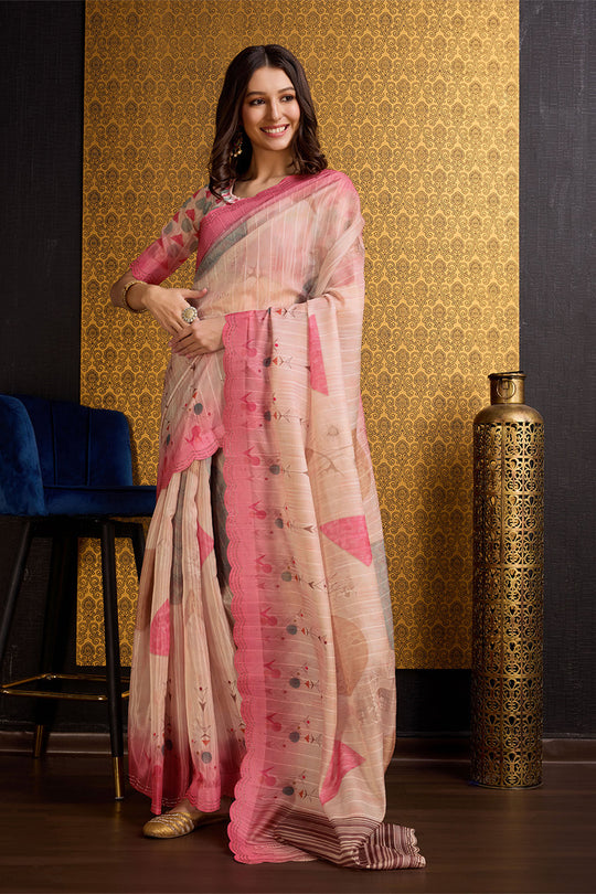 Peach Organza Saree With Blouse Piece Peach Organza Saree With Blouse Piece