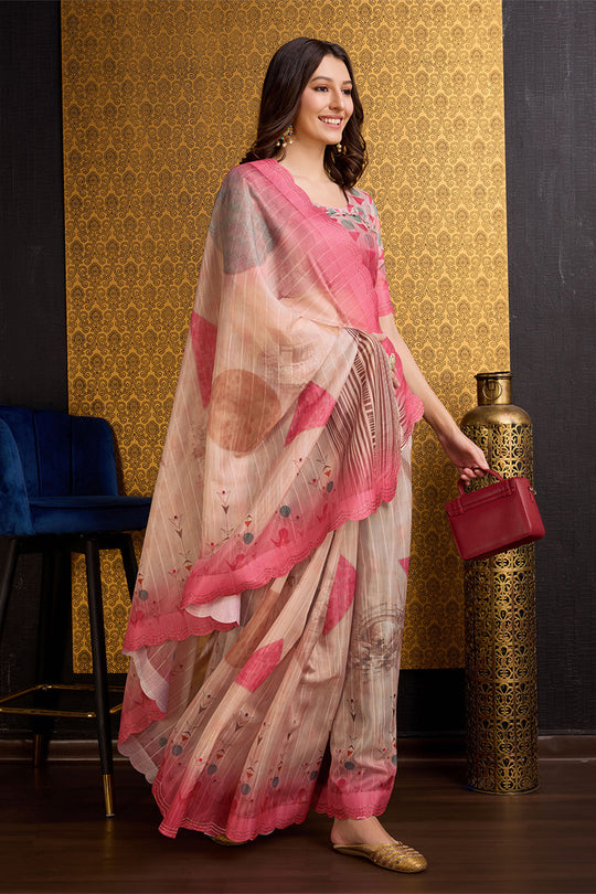 Peach Organza Saree With Blouse Piece Peach Organza Saree With Blouse Piece