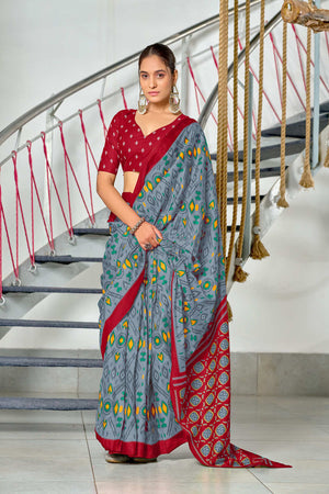 Grey Kkat Test Block Print Mulmul Cotton Sarees Saree With Blouse Piece