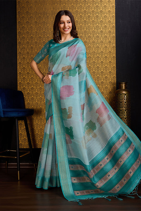Teal Organza Saree With Blouse Piece Teal Organza Saree With Blouse Piece