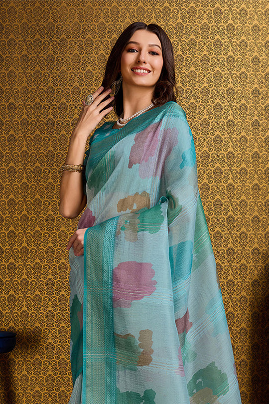 Teal Organza Saree With Blouse Piece Teal Organza Saree With Blouse Piece