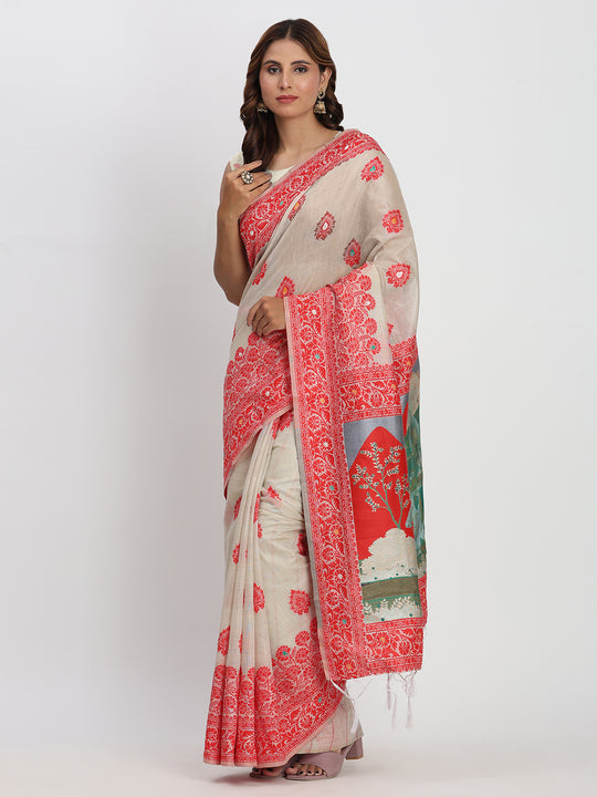 Cream & Red Linen Cotton Saree With Blouse Piece Cream & Red Linen Cotton Saree With Blouse Piece