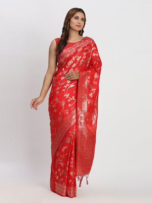 Red Banarasi Silk Saree With Blouse Piece