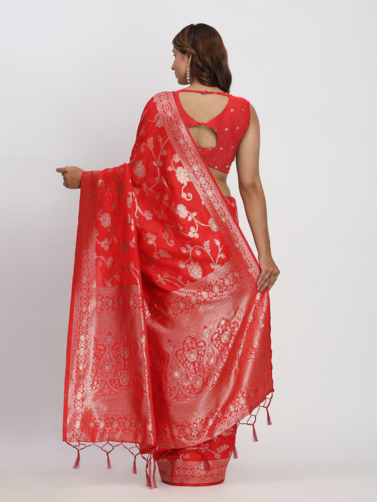 Red Banarasi Silk Saree With Blouse Piece Red Banarasi Silk Saree With Blouse Piece