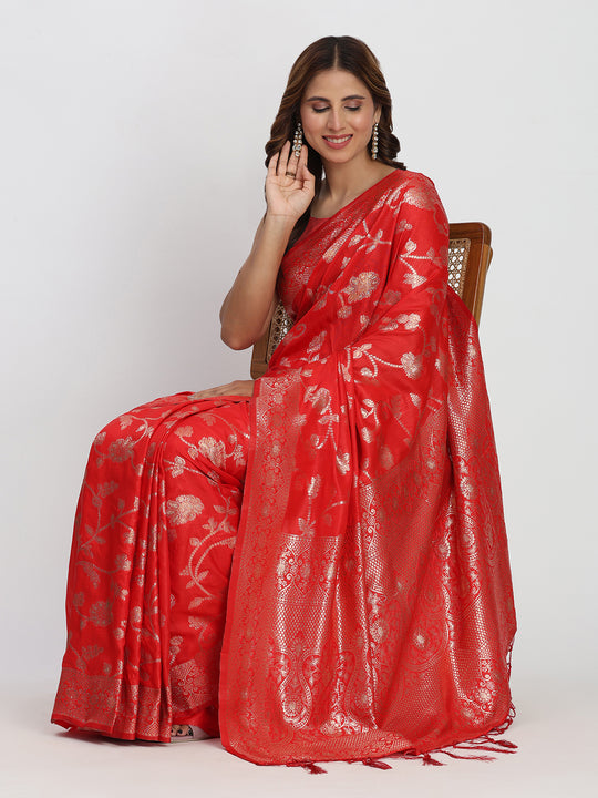 Red Banarasi Silk Saree With Blouse Piece Red Banarasi Silk Saree With Blouse Piece