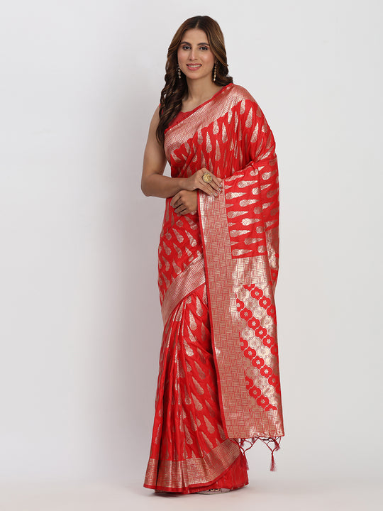 Red Banarasi Silk Saree With Blouse Piece Red Banarasi Silk Saree With Blouse Piece