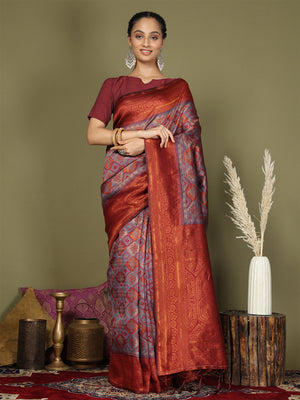 Grey Lichi Silk Saree With Blouse Piece