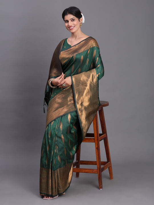 Dark Green Silk Saree With Blouse Piece Dark Green Silk Saree With Blouse Piece