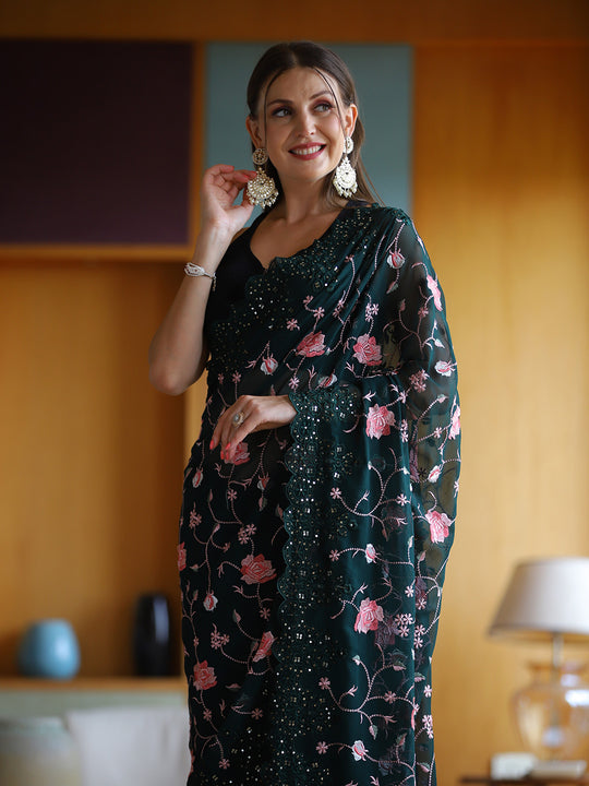 Green Georgette Saree With Blouse Piece Green Georgette Saree With Blouse Piece