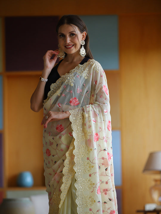 Cream Georgette Saree With Blouse Piece Cream Georgette Saree With Blouse Piece