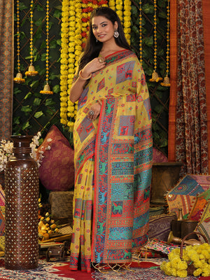 Yellow Linen Cotton Saree With Blouse Piece