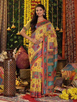 Yellow Linen Cotton Saree With Blouse Piece