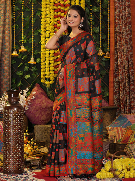 Black Linen Cotton Saree With Blouse Piece Black Linen Cotton Saree With Blouse Piece