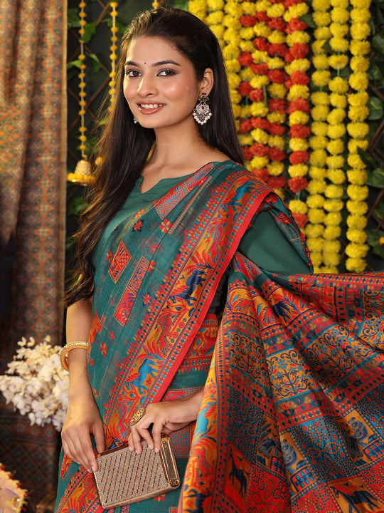 Rama Green Linen Cotton Saree With Blouse Piece Rama Green Linen Cotton Saree With Blouse Piece