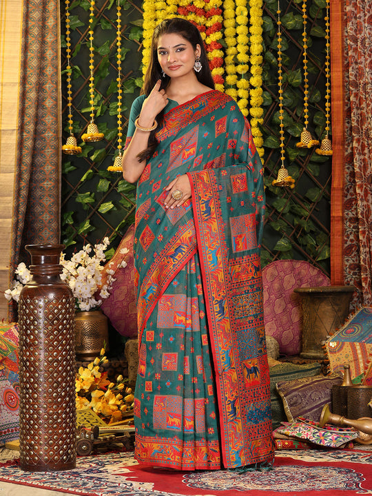 Rama Green Linen Cotton Saree With Blouse Piece Rama Green Linen Cotton Saree With Blouse Piece