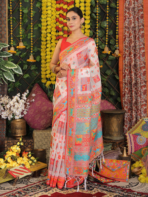 White Linen Cotton Saree With Blouse Piece