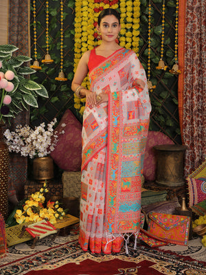 White Linen Cotton Saree With Blouse Piece