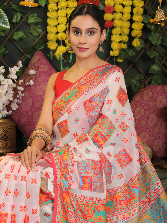 White Linen Cotton Saree With Blouse Piece White Linen Cotton Saree With Blouse Piece