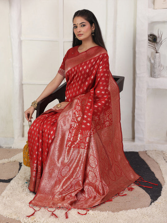 Red Lichi Silk Saree With Blouse Piece Red Lichi Silk Saree With Blouse Piece